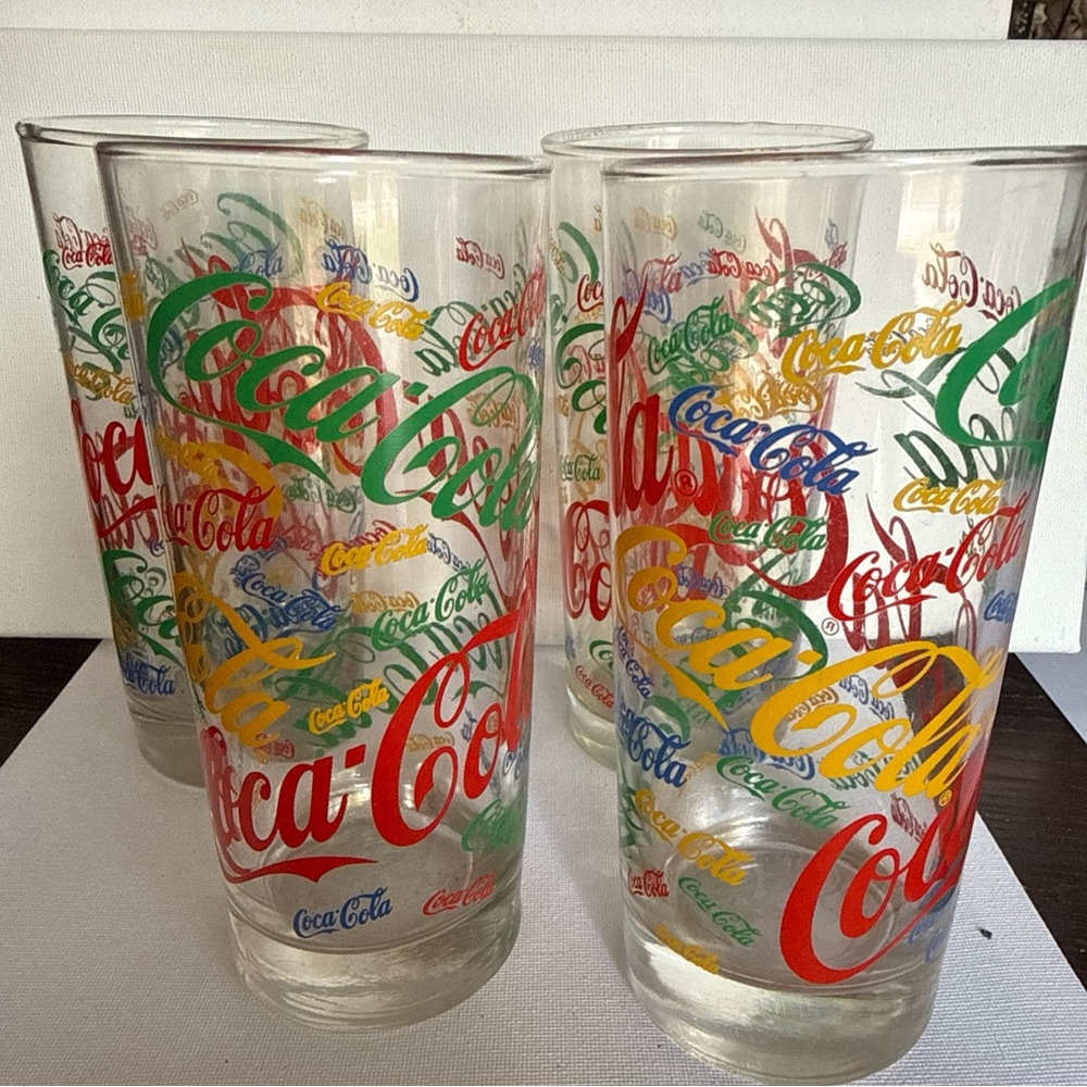 COCA COLA DRINKING GLASS SET OF 4 INDIANA GLASS 16 OUNCE. 1980’S